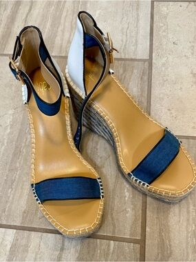CAbi Navy, Tan & White Espadrille Wedge Sandals